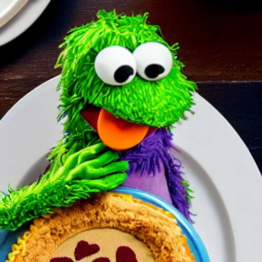 Prompt: a man eating a muppet on a dinner plate