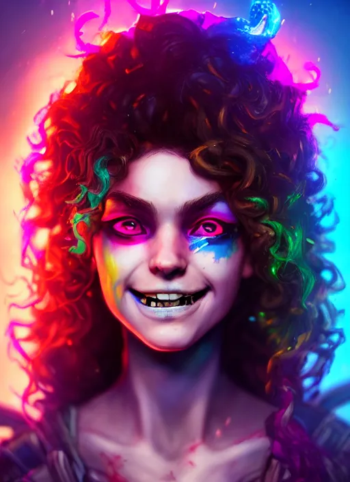 Image similar to an epic fantasy comic book style portrait painting of a girl wearing colorful makeup with a mischievous smile and curly brown hair stepping out of a doorway with light shining behind her, unreal 5, daz, hyperrealistic, octane render, cosplay, rpg portrait, dynamic lighting