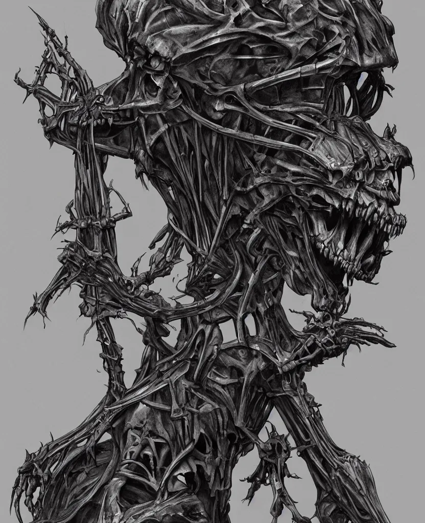 Image similar to concept art of a iron maiden device with skeletal features, art by HR Giger and Szukalski, inspired by Hedi Xandt, gothic, highly detailed, artstation, zbrush, wayne barlowe, dense fog and lava,