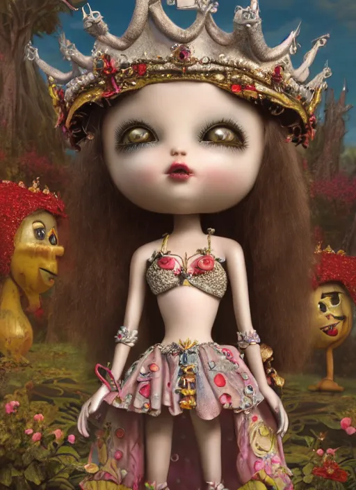 Image similar to highly detailed closeup, profile portrait of a tin toy goth fairytale princess wearing a crown, bikini, unreal engine, nicoletta ceccoli, mark ryden, earl norem, lostfish, global illumination, detailed and intricate environment