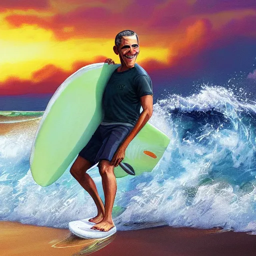 Image similar to barack obama surfing in rough surf holding a margarita, realistic, high detail, volumetric lighting