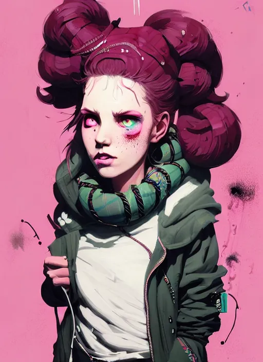 Image similar to highly detailed portrait of a sewer punk lady, tartan hoody, blonde ringlet hair by atey ghailan, by greg rutkowski, by greg tocchini, by james gilleard, by joe fenton, by kaethe butcher, gradient magenta, black, blonde cream and white color scheme, grunge aesthetic!!! ( ( graffiti tag wall background ) )