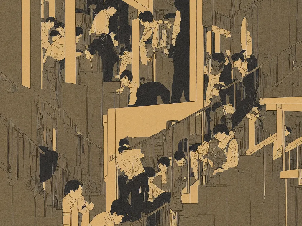 Image similar to The guns were in the bags. One of the guys are the bottom of the stairs figured it out , screen print by Kawase Hasui and jeffrey smith