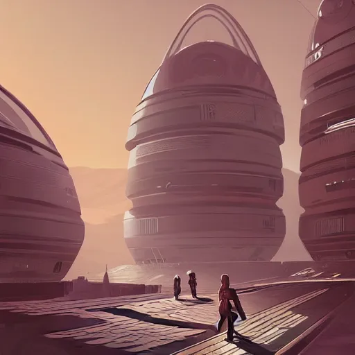 Prompt: futuristic colony on mars with alien and robot pedestrians walking in between giant buildings in the style of petros afshar, cg society, trending on artstation,