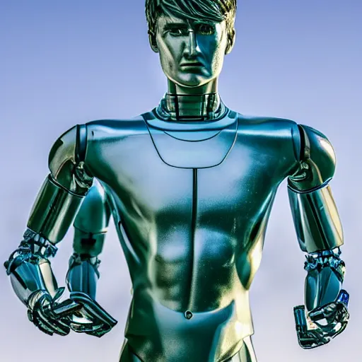 Image similar to a realistic detailed photo of a guy who is an attractive humanoid who is half robot and half humanoid, who is a male android, soccer player martin ødegaard, shiny skin, posing like a statue, blank stare, by the pool, on display, showing off his muscles, humanoid robot, frozen ice statue