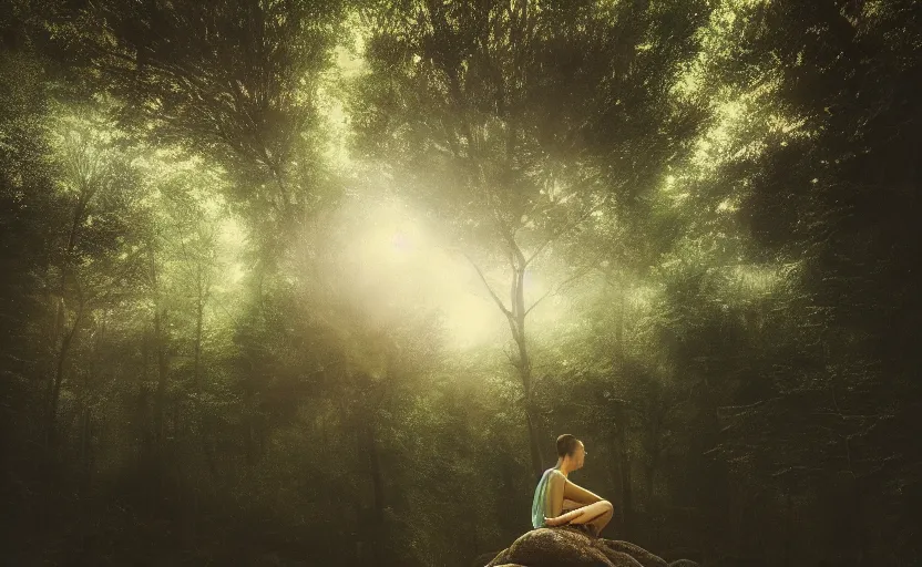 Image similar to a beautiful painting of a lonely wandering soul, resting in a forest sitting on a boulder, listening to the quiet and the breeze, smiling and looking up at the trees, by elizabeth gadd