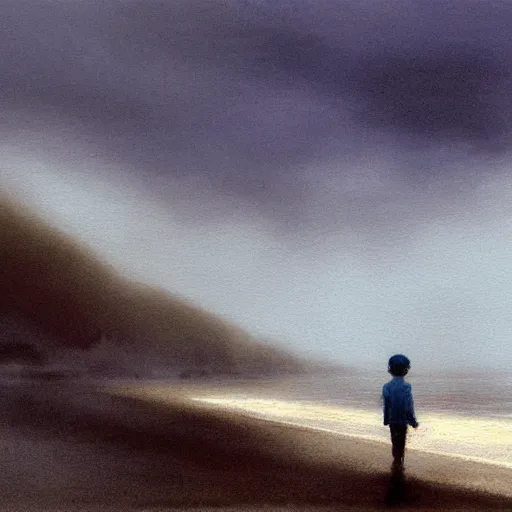 Prompt: atmospheric dreamscape painting of a boy standing on the beach on a foggy day, by moebius and john harris, atmospheric blues, concept art, saturation 40