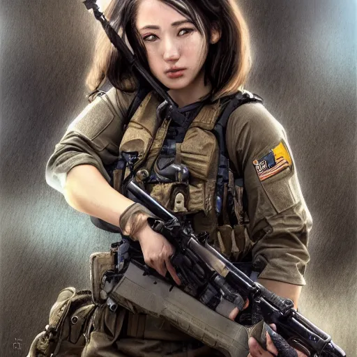 Prompt: special navy seal girl in firefight, anime style, long hair, hair down, symmetrical facial features, us navy, hyper realistic, pale skin, 4k, rule of thirds, extreme detail, detailed drawing, trending artstation, hd, fantasy, D&D, realistic lighting, by Alphonse Mucha, Greg Rutkowski, sharp focus, backlit