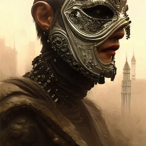 Image similar to Very very very very highly detailed epic photo of face with venetian mask, intricate, dystopian, sci-fi, extremely detailed, digital painting, artstation, concept art, smooth, sharp focus, illustration, intimidating lighting, incredible art by Greg Rutkowski and Jakub Rozalski and Artgerm and Anton Pieck