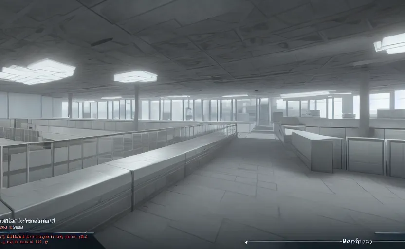 Image similar to screenshot of game on unreal engine 5, a large white empty breakroom with a security checkpoint, photorealistic, retrofuturism, brutalism, staggered terraces, minimalist, soft vintage glow
