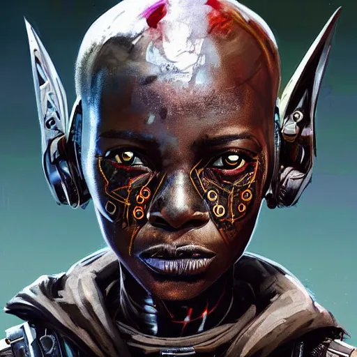 Image similar to a dark and ominous cyborg african child soldier with glowing eyes and facial scarification marks, Apex Legends character digital illustration portrait design, by android jones and greg rutkowski in a cyberpunk voodoo style, synthwave color scheme, detailed, cinematic lighting, wide angle action dynamic portrait