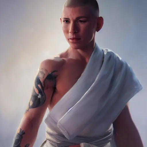 Image similar to A detailed matte oil on canvas painting of a young white male martial artist monk, orchid arm tattoos, fight stance by greg rutkowski and Charlie bowater, trending on artstationhd, dungeons and dragons art