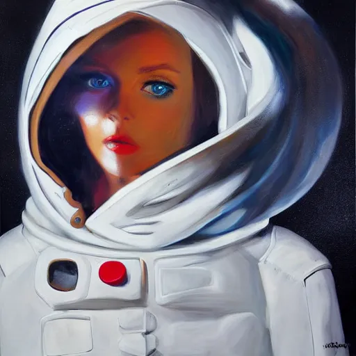 Image similar to redhead fashion model in futuristic astronaut suit, portrait, hyperrealism oil painting