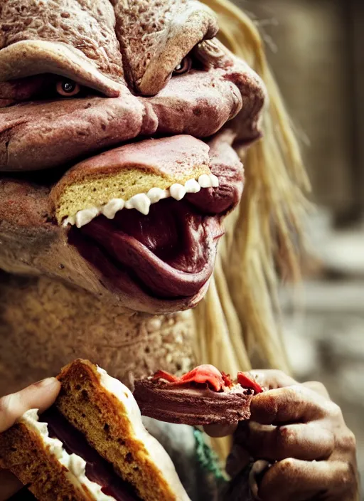 Image similar to closeup portrait of a medieval goblin eating cakes in the cloisters, depth of field, zeiss lens, detailed, symmetrical, centered, fashion photoshoot, by Annie Leibovitz and Steve McCurry, David Lazar, Jimmy Nelsson, Breathtaking, 8k resolution, extremely detailed, beautiful, establishing shot, artistic, hyperrealistic, beautiful face, octane render