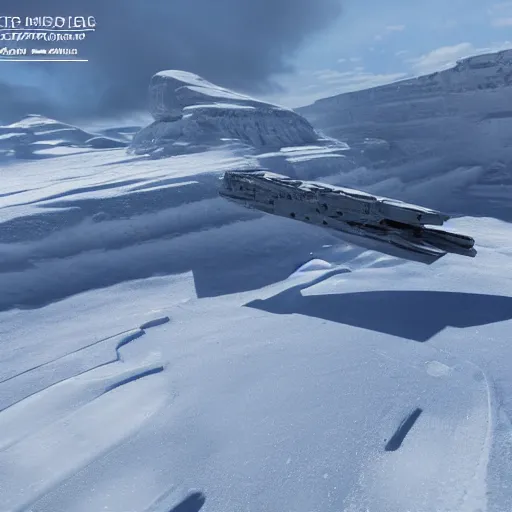 Image similar to star destroyer flying over snow from star wars movies, 4k ultra realistic, unreal engine 5 quality