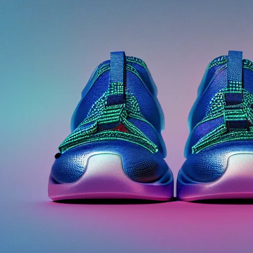 Image similar to subject photo photo of cyber balenciaga sneakers on gradient background, ultra rendered extreme realism and detail, 8 k, pbr, surreal, colorful, direct lighting,