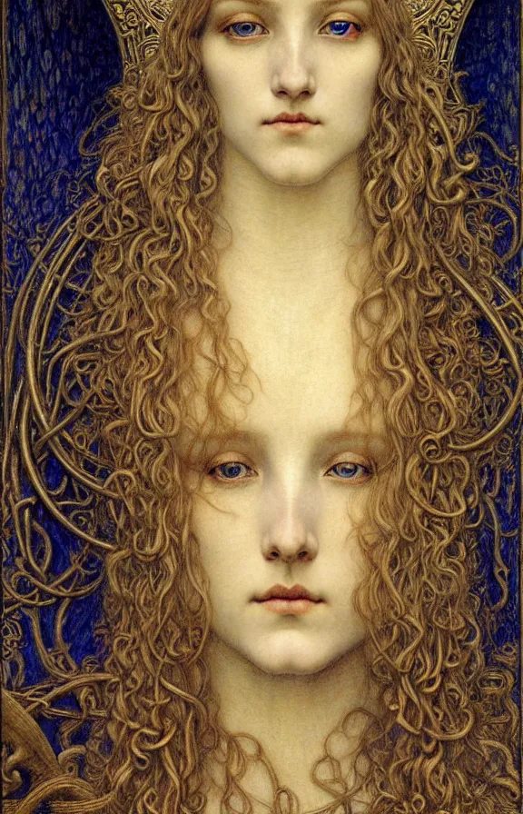 Image similar to detailed realistic beautiful young medieval queen face portrait by jean delville, gustave dore and marco mazzoni, art nouveau, symbolist, visionary, gothic, pre - raphaelite. horizontal symmetry