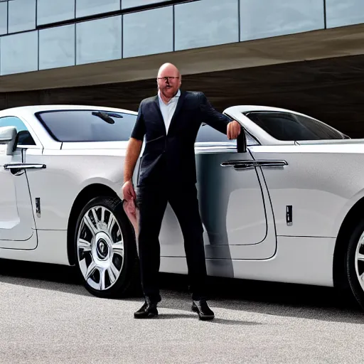 Prompt: rolls royce wraith with jet engine attached driven by muscular balding man