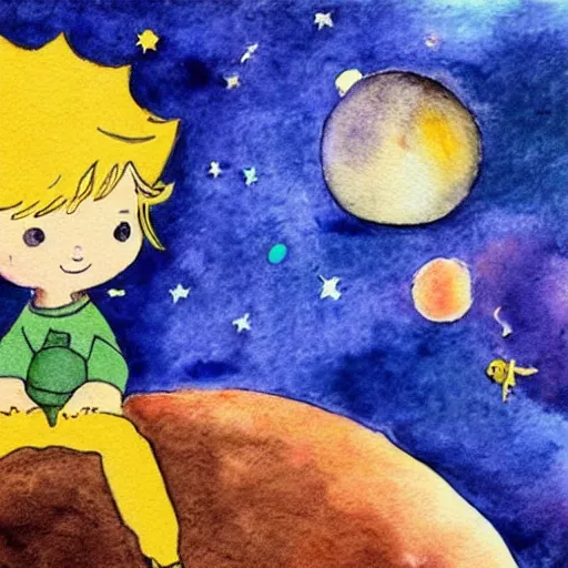 Prompt: the little prince on a little planet floating in space, original watercolors by exupery