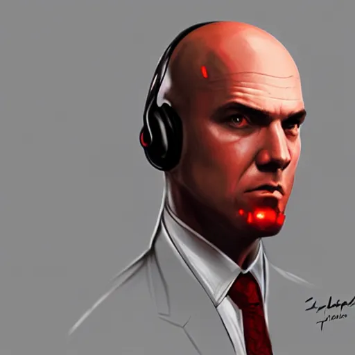 Image similar to a concept art portrait of agent 4 7 from hitman wearing headphones, dark background, red rim light, highly detailed, smooth, sharp focus, art by jason chan