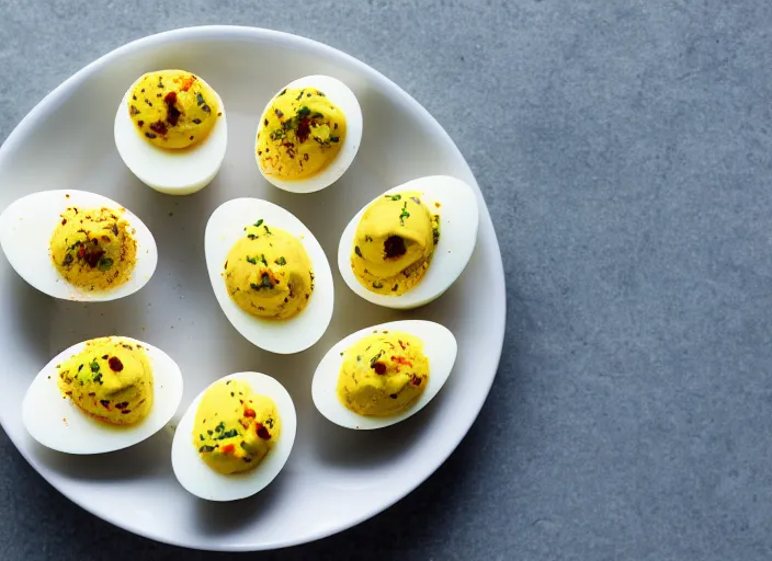 Prompt: dslr food photograph of a deviled eggs, 8 5 mm f 1. 8