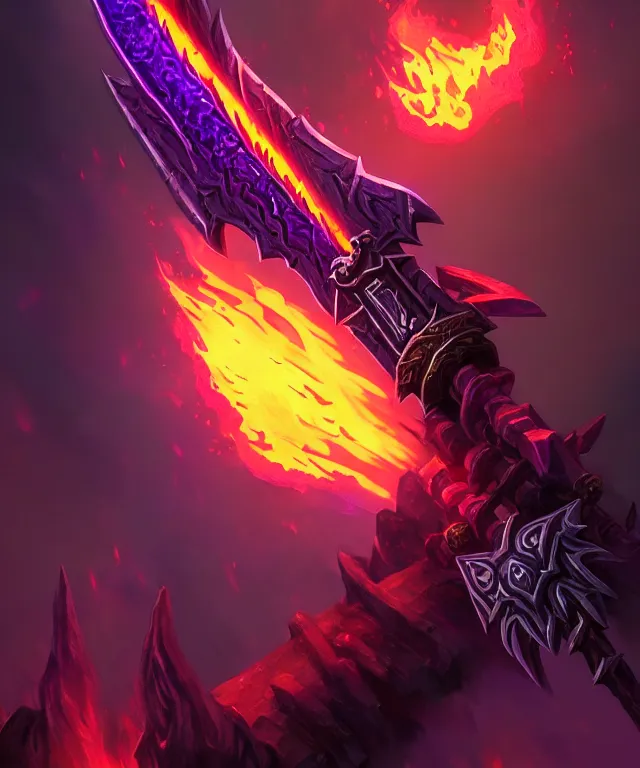 Image similar to dark weapon of warcraft blizzard weapon art, a burning sword, bokeh. dark art masterpiece artstation. 8k, sharp high quality illustration in style of Jose Daniel Cabrera Pena and Leonid Kozienko, violet colored theme, concept art by Tooth Wu, no human