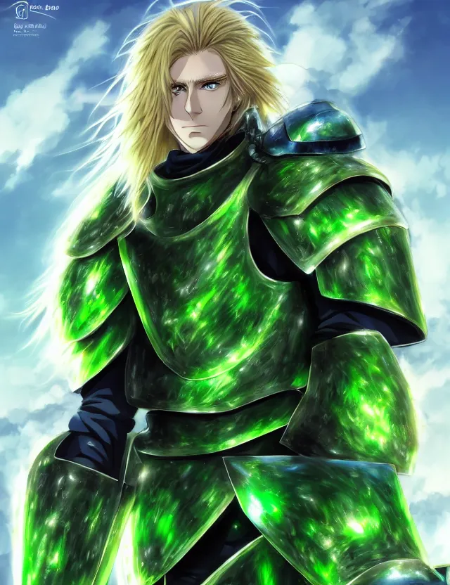 Image similar to an excellent anime portrait of a long haired blonde man with blue eyes in green plate armour glowing with green energy, trending on artstation, digital art, 4 k resolution, detailed, high quality, sharp focus, hq artwork, coherent, insane detail