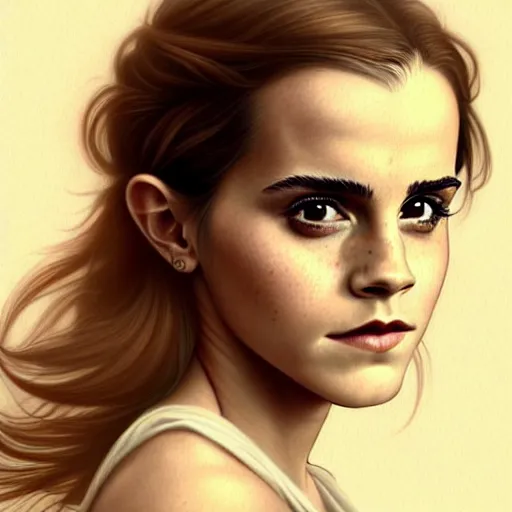 Prompt: A beautiful portrait of Very funny actress Emma Watson lke monkey face looking like an old monkey, Emma Watson actress blended monkey face, like , powerful , magic, thunders, dramatic lighting, intricate, wild, highly detailed, digital painting, artstation, concept art, smooth, sharp focus, illustration, art by artgerm and greg rutkowski and alphonse mucha, footage