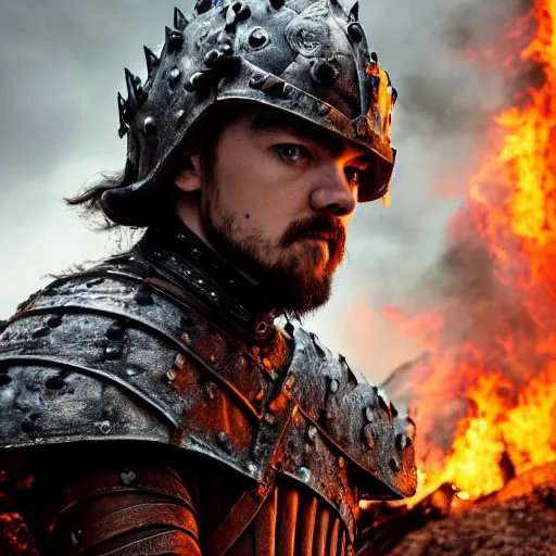 Image similar to jacksepticeye wearing medieval irish armor, looking somewhere in the distance, flames surrounding him, game of thrones cover art, 8k, studio light