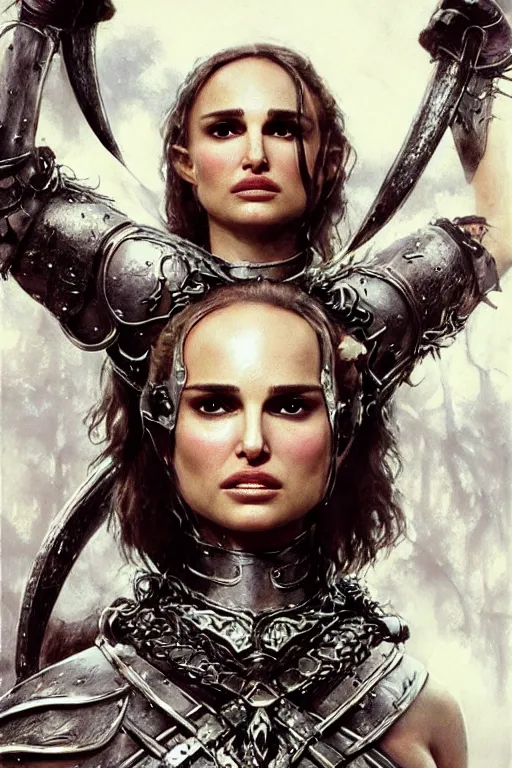Image similar to natalie portman, warrior, partially clothed in metal battle armor, lord of the rings, tattoos, decorative ornaments, by carl spitzweg, ismail inceoglu, vdragan bibin, hans thoma, greg rutkowski, alexandros pyromallis, perfect face, fine details, realistic shading, photorealism