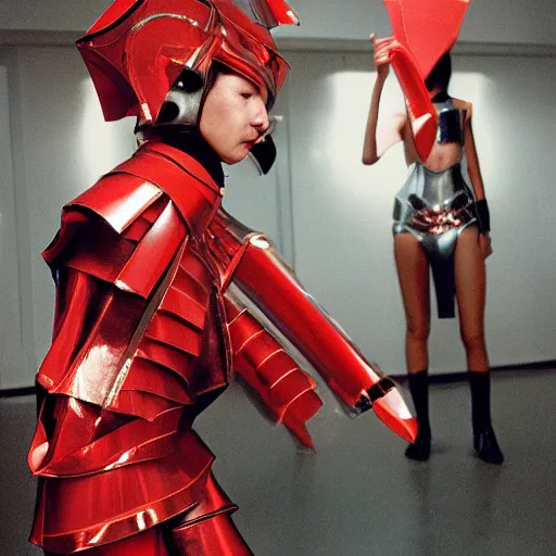 Image similar to a paladin wearing issey miyake armor in a club, portrait, fashion photography, by davide sorrenti, martin parr, nan goldin