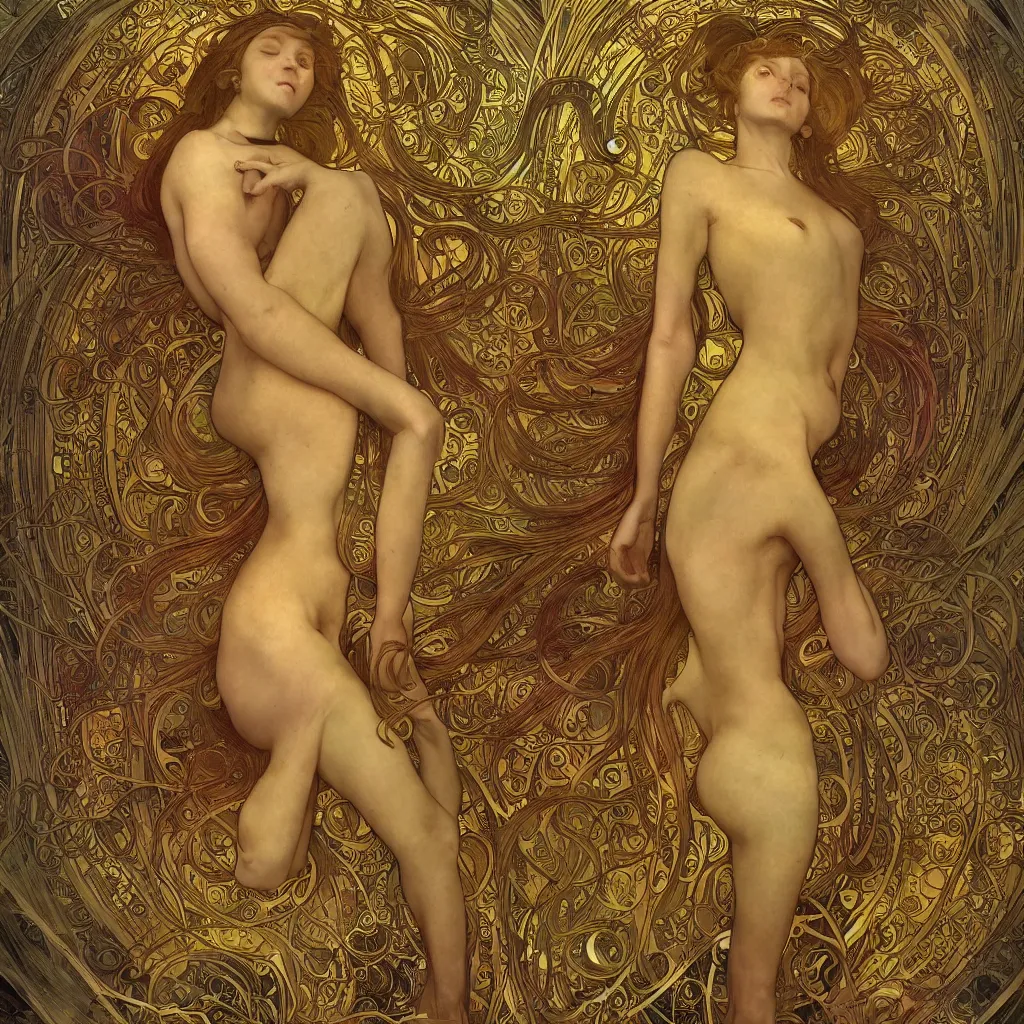 Image similar to human body made of thin golden and rainbow Art Nouveau, Alphonse Mucha, cinematic realistic photo, octane render