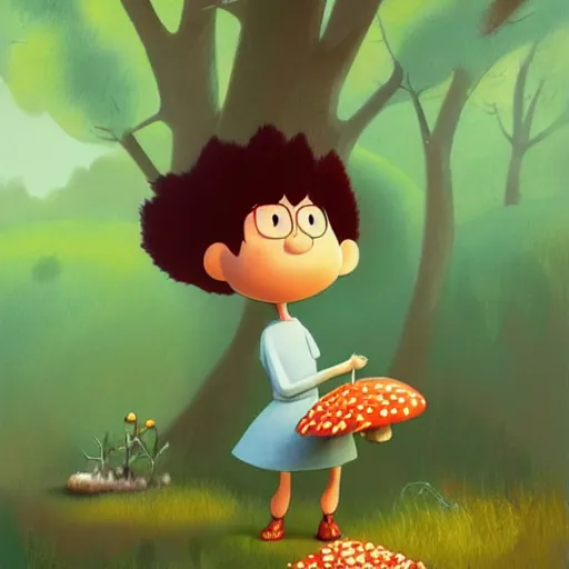 Image similar to goro fujita ilustration mafalda collecting mushrooms in the forest, painting by goro fujita, sharp focus, highly detailed, artstation