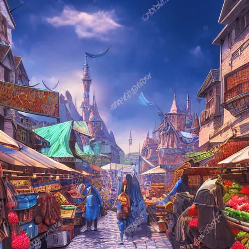 Prompt: bright fantasy medieval city, blue sky, busy market street, highly detailed and intricate 8 k concept art fantasy illustration