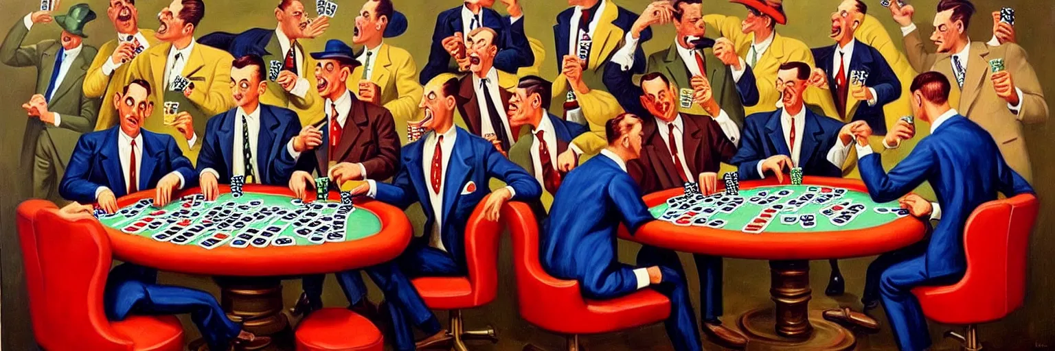 Image similar to dinosaurs wearing vintage suits, playing poker and drinking beer, 1 9 5 0's, oil painting, hyperdetailed