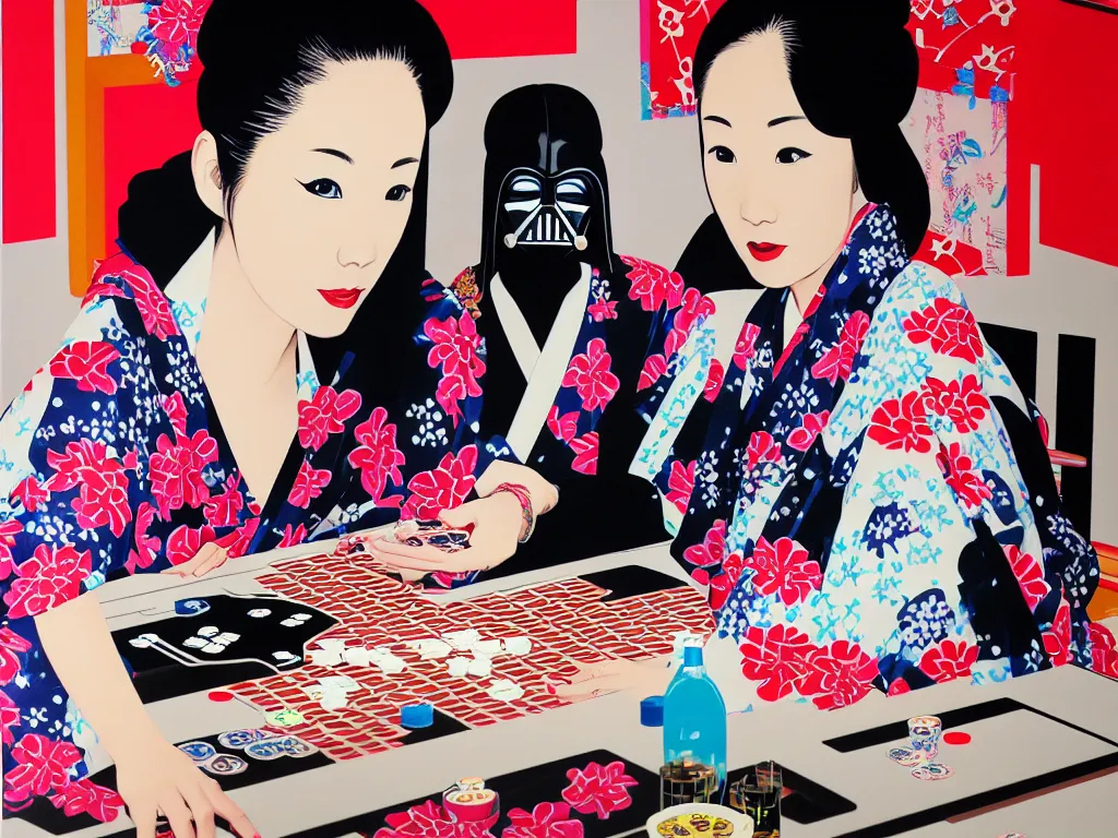 Image similar to hyperrealistim composition of the detailed single woman in a japanese kimono sitting at a extremely detailed poker table with darth vader, fireworks, river on the background, pop - art style, jacky tsai style, andy warhol style, acrylic on canvas