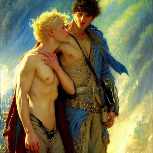 Image similar to attractive arthur pendragon with attractive male merlin the mage. they are in love. highly detailed painting by gaston bussiere, craig mullins, j. c. leyendecker