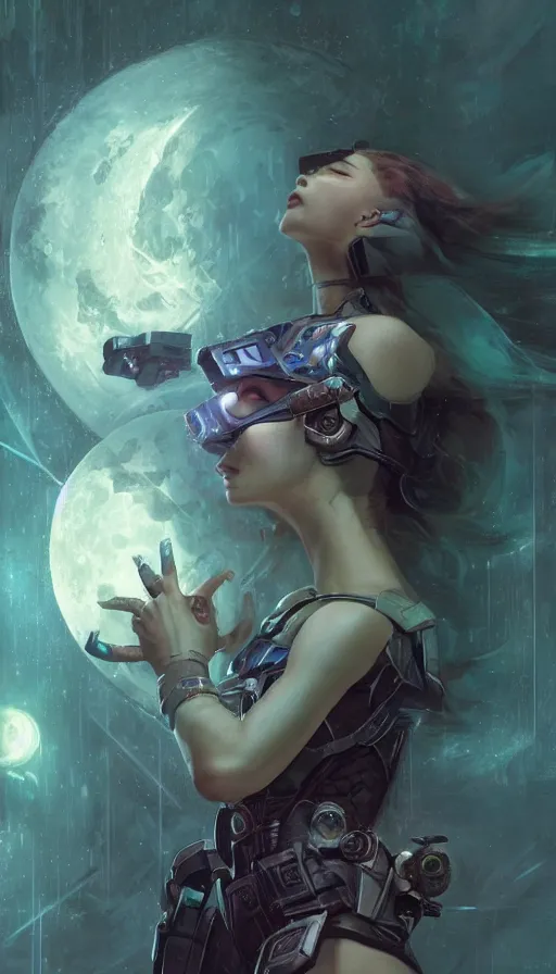 Image similar to epic masterpiece sweet dreams, virtual reality, cyberpunk, hyperrealistic, octane render, cinematic, night, moon, beautiful face and flawless skin, perfect hands, 5 fingers, emerald by Edgar Maxence and Ross Tran and Michael Whelan, Lorenzo Sperlonga Legends of Runeterra