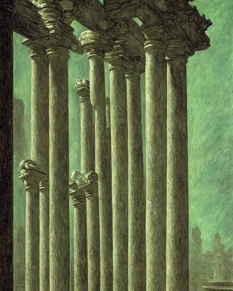 Prompt: achingly beautiful painting of intricate ancient giger columns on jade background by rene magritte, monet, and turner. giovanni battista piranesi.