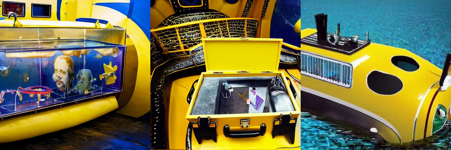 Prompt: a briefcase with half a million euros, in a yellow submarine, award winning photo