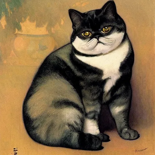 Prompt: exotic shorthair cat, solid grey, beautiful painting by beautiful potter and henriette ronner - knip and alphonse mucha