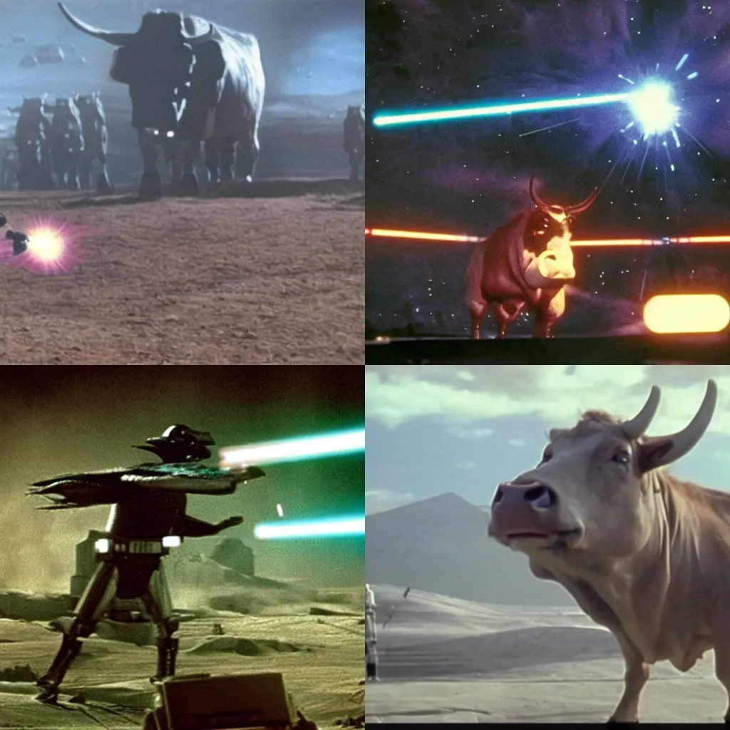 Prompt: a giant cow shooting lasers in the movie Star Wars The Empire Strikes Back