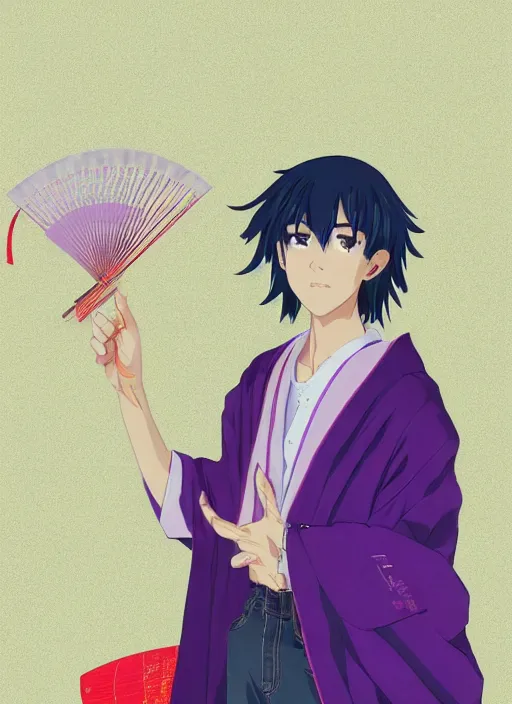 Prompt: teenager boy with straight indigo hair, purple eyes with red eye markers, slim body, wearing a detailed Japanese kimono, holding a pair of fans. rich vivid colors, ambient lighting, dynamic lighting, 4k, official media, anime key visual, makoto shinkai, ilya kuvshinov, lois van baarle, rossdraws, detailed, trending on artstation