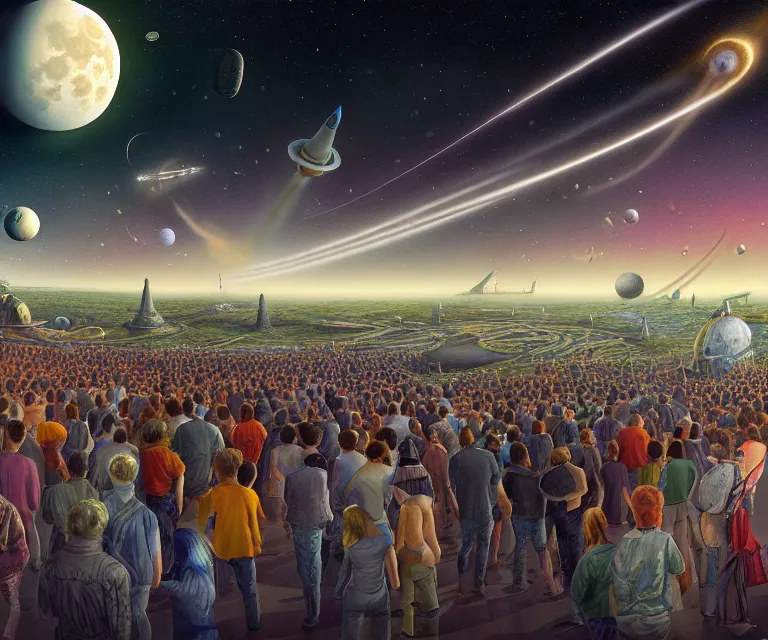 Image similar to hyper detailed 3d render like a Oil painting - crowds gather at a spaceport on a beautiful faraway planet to watch a rocket blast off, large moon in the dramatic starry alien sky, retrofuturistic science fiction vibe, by Jacek Yerka, Mariusz Lewandowski, Houdini algorithmic generative render, Abstract brush strokes, Masterpiece, Edward Hopper and James Gilleard, Zdzislaw Beksinski, Mark Ryden, Wolfgang Lettl, hints of Yayoi Kasuma, octane render, 8k