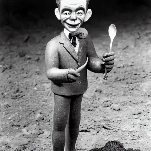 Image similar to slappy the dummy digging with a spoon in his hand, 8k photo