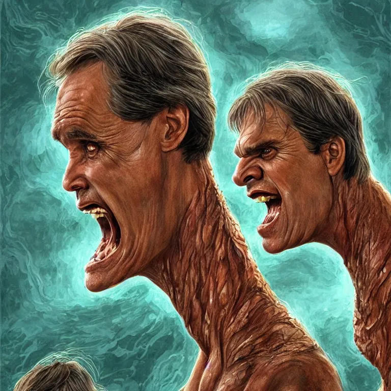 Image similar to two - headed hydra of lerna, jim carey as lloyd christmas and jeff daniels as harry dunne ( from dumb and dumber ), serpentine water monster, aquatic, d & d, fantasy, portrait, highly detailed, digital painting, trending on artstation, concept art, sharp focus, illustration, art by artgerm and greg rutkowski and magali villeneuve