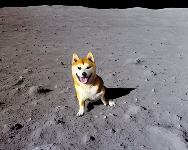 Image similar to hyper realistic shiba on the moon, first shiba on the moon, 9 0's photograph