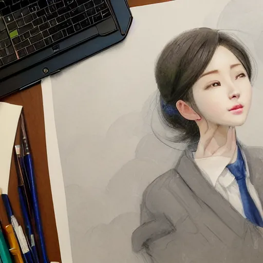 Image similar to dynamic composition, motion, ultra-detailed, incredibly detailed, a lot of details, amazing fine details and brush strokes, colorful and grayish palette, smooth, HD semirealistic anime CG concept art digital painting, watercolor oil painting of a young office lady, by a Chinese artist at ArtStation, by Huang Guangjian, Fenghua Zhong, Ruan Jia, Xin Jin and Wei Chang. Realistic artwork of a Chinese videogame, gradients, gentle an harmonic grayish colors.