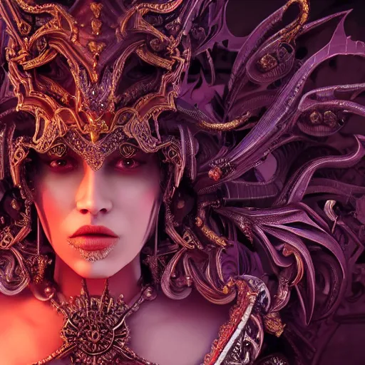 Prompt: portrait of evil princess, beautiful, warrior, glowing, bloody, ornate and intricate, jaw dropping, dynamic lighting, intricate and detailed, 4 k octane render