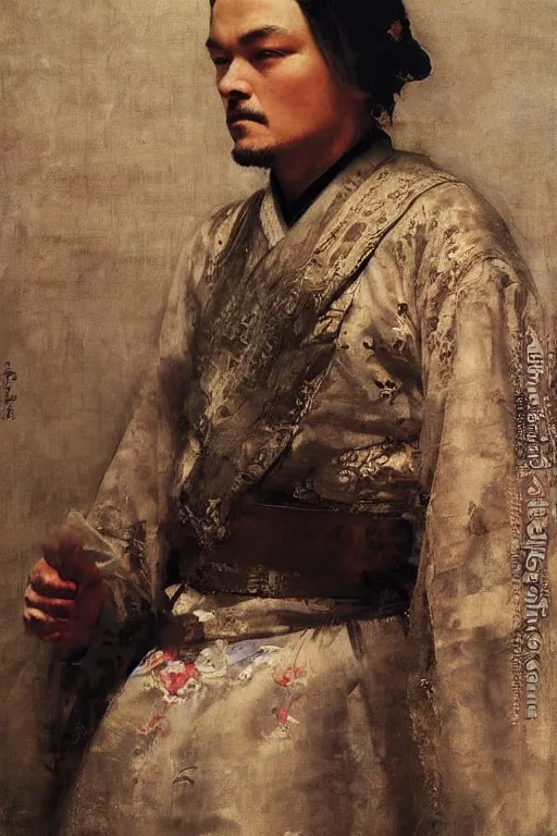 Prompt: di caprio by Solomon Joseph Solomon and Richard Schmid and Jeremy Lipking victorian genre painting full length portrait painting of 张国荣 in traditional costume